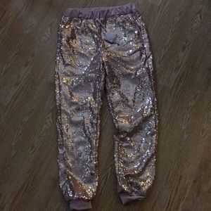 Rose Gold sequin joggers.